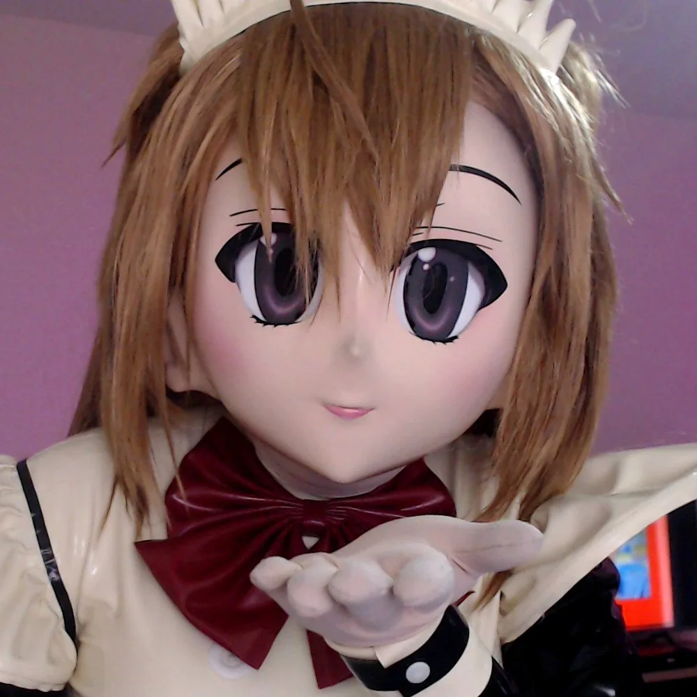Finished Irina-style Ride the Pig Studio animegao mask worn with a maid costume