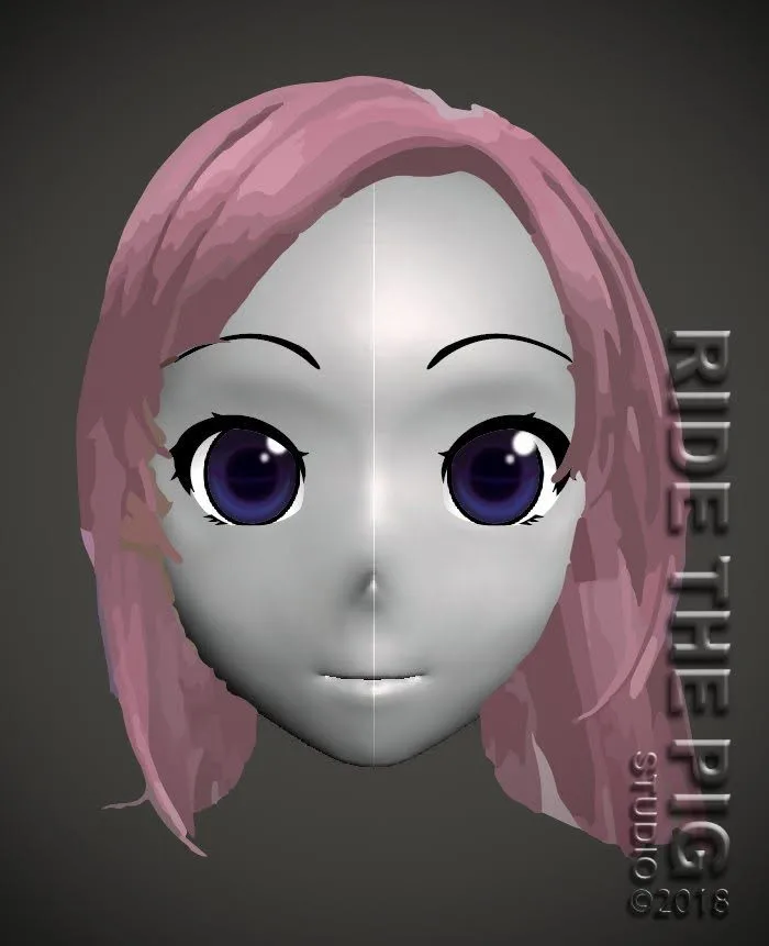2018 3D design render of a pink-haired Ride the Pig Studio mask